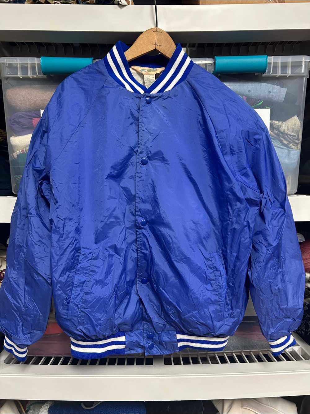 Men’s 90s Haband Royal Blue Bomber Jacket with White Stripe Trim